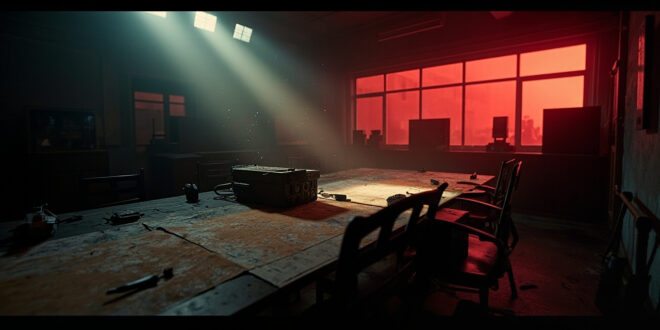 Abandoned military command center at night with silent equipment, maps, and empty chairs bathed in red and gray light