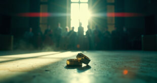 Empty wedding altar with political documents in abandoned ceremonial hall, wedding rings on government desk