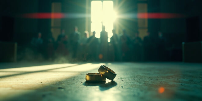 Empty wedding altar with political documents in abandoned ceremonial hall, wedding rings on government desk