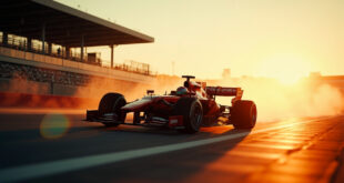 Formula 1 racing car positioned on empty circuit at golden hour, bathed in racing red and silver light