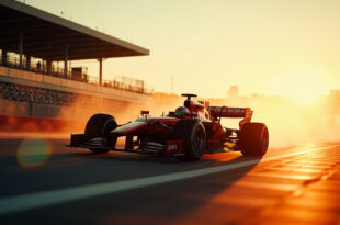 Formula 1 racing car positioned on empty circuit at golden hour, bathed in racing red and silver light