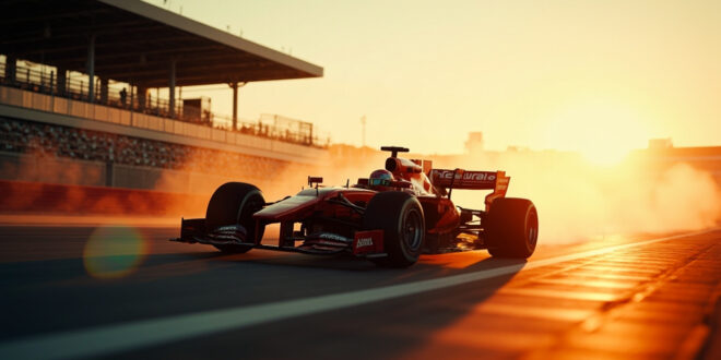 Formula 1 racing car positioned on empty circuit at golden hour, bathed in racing red and silver light