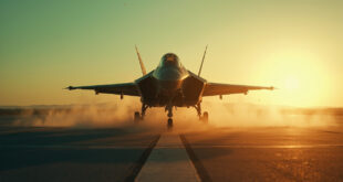 Solitary F-35A fighter jet positioned on empty runway at abandoned military airbase in dawn light
