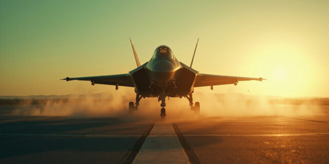 Solitary F-35A fighter jet positioned on empty runway at abandoned military airbase in dawn light