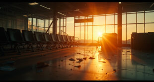 Abandoned airport terminal at dusk with empty departure gate and unused boarding passes following aviation disaster