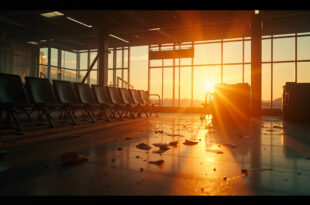 Abandoned airport terminal at dusk with empty departure gate and unused boarding passes following aviation disaster