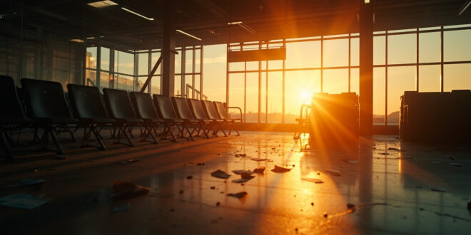 Abandoned airport terminal at dusk with empty departure gate and unused boarding passes following aviation disaster