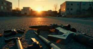 Confiscated weapons lying on dark asphalt in an empty urban parking lot at dusk, aftermath of violent confrontation