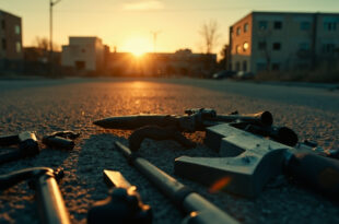 Confiscated weapons lying on dark asphalt in an empty urban parking lot at dusk, aftermath of violent confrontation