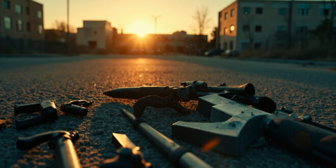 Confiscated weapons lying on dark asphalt in an empty urban parking lot at dusk, aftermath of violent confrontation