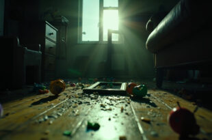 Abandoned children's toys scattered across wooden floor in empty apartment with overturned furniture and broken picture frame