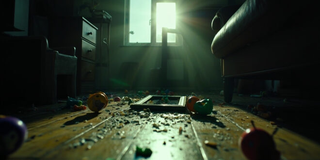 Abandoned children's toys scattered across wooden floor in empty apartment with overturned furniture and broken picture frame
