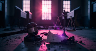 Broken scales of justice and shattered gavel on abandoned courthouse steps at twilight, bathed in somber gray and purple light.