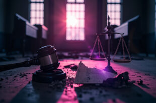 Broken scales of justice and shattered gavel on abandoned courthouse steps at twilight, bathed in somber gray and purple light.