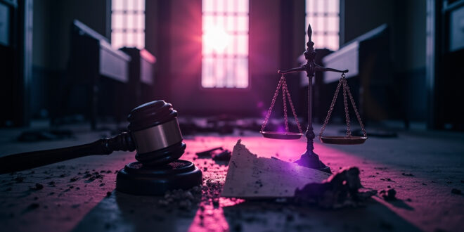 Broken scales of justice and shattered gavel on abandoned courthouse steps at twilight, bathed in somber gray and purple light.