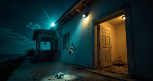 Abandoned Mediterranean villa courtyard at night showing break-in aftermath with broken security camera and scattered belongings