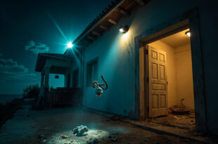 Abandoned Mediterranean villa courtyard at night showing break-in aftermath with broken security camera and scattered belongings