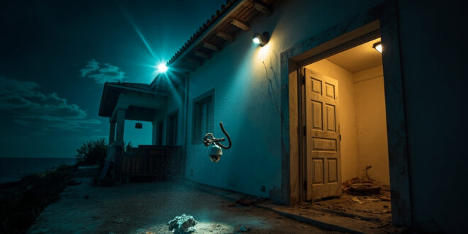 Abandoned Mediterranean villa courtyard at night showing break-in aftermath with broken security camera and scattered belongings