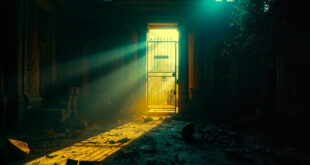 Abandoned luxury villa courtyard at night with damaged security gate and broken cameras illuminated by contrasting blue and gold lighting