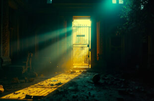 Abandoned luxury villa courtyard at night with damaged security gate and broken cameras illuminated by contrasting blue and gold lighting