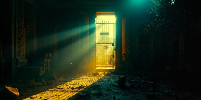 Abandoned luxury villa courtyard at night with damaged security gate and broken cameras illuminated by contrasting blue and gold lighting