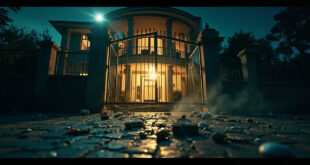 Abandoned luxury villa courtyard at night with broken security gate and scattered belongings illuminated in dark blue and gold