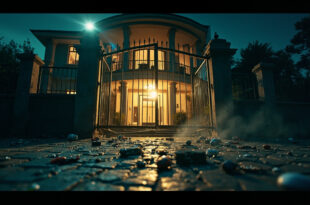 Abandoned luxury villa courtyard at night with broken security gate and scattered belongings illuminated in dark blue and gold