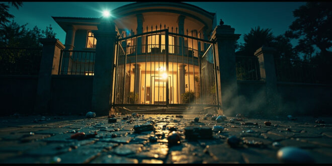 Abandoned luxury villa courtyard at night with broken security gate and scattered belongings illuminated in dark blue and gold