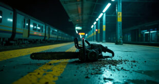 Abandoned electric chainsaw with yellow accents lies on deserted train platform at night, evidence of violent incident