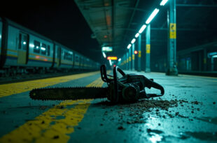 Abandoned electric chainsaw with yellow accents lies on deserted train platform at night, evidence of violent incident