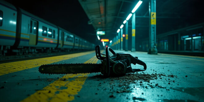 Abandoned electric chainsaw with yellow accents lies on deserted train platform at night, evidence of violent incident