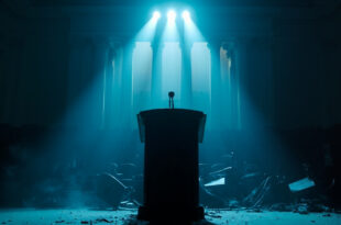 Empty legislative chamber with overturned chairs and abandoned podium in deserted government building at night