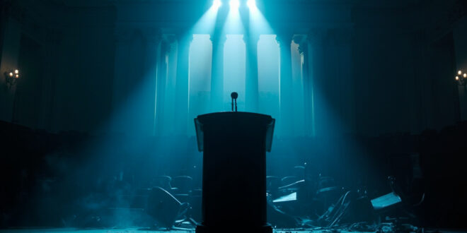 Empty legislative chamber with overturned chairs and abandoned podium in deserted government building at night