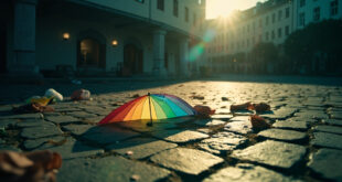 Abandoned rainbow umbrella lying on cobblestones of deserted town square after hate crime incident