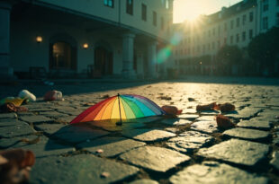 Abandoned rainbow umbrella lying on cobblestones of deserted town square after hate crime incident
