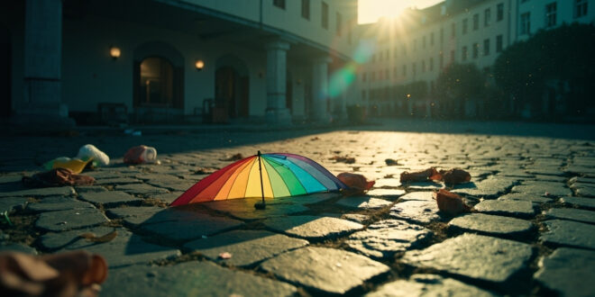 Abandoned rainbow umbrella lying on cobblestones of deserted town square after hate crime incident