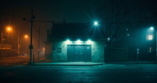 Empty police station with closed doors illuminated by blue and amber streetlights in a deserted urban square at night