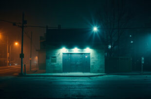 Empty police station with closed doors illuminated by blue and amber streetlights in a deserted urban square at night