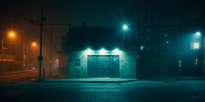 Empty police station with closed doors illuminated by blue and amber streetlights in a deserted urban square at night