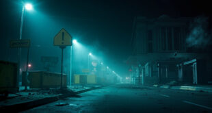 Empty government building illuminated by security lights at night with abandoned barriers in deserted government district