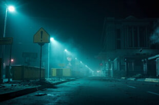 Empty government building illuminated by security lights at night with abandoned barriers in deserted government district