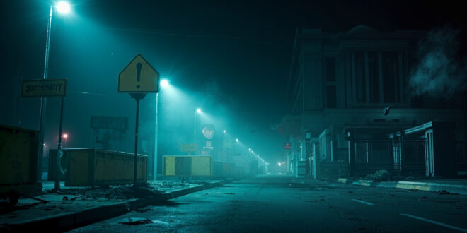 Empty government building illuminated by security lights at night with abandoned barriers in deserted government district