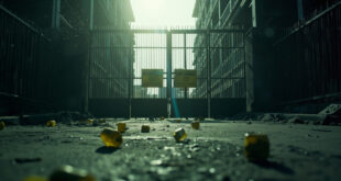 Evidence markers abandoned on empty urban street with closed institutional building entrance and security barriers