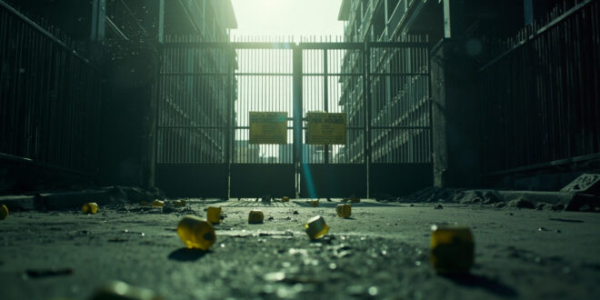 Evidence markers abandoned on empty urban street with closed institutional building entrance and security barriers