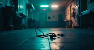 Abandoned hospital emergency room at night with a stethoscope on empty examination table, bathed in clinical white and blue light.