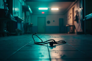 Abandoned hospital emergency room at night with a stethoscope on empty examination table, bathed in clinical white and blue light.