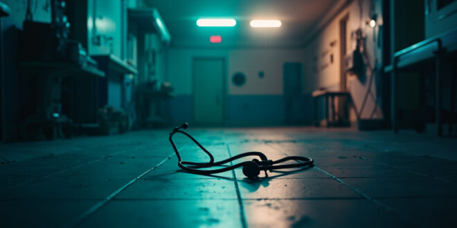 Abandoned hospital emergency room at night with a stethoscope on empty examination table, bathed in clinical white and blue light.