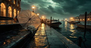 Rain-soaked Venetian canal with empty water taxis moored during nighttime thunderstorm, overturned umbrella on steps