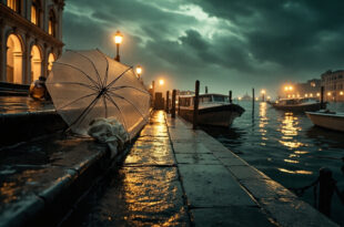 Rain-soaked Venetian canal with empty water taxis moored during nighttime thunderstorm, overturned umbrella on steps