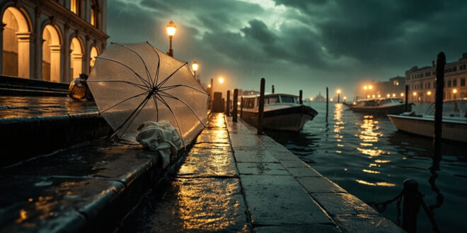 Rain-soaked Venetian canal with empty water taxis moored during nighttime thunderstorm, overturned umbrella on steps